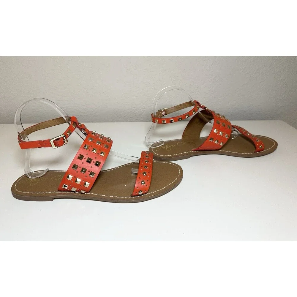 Arturo Chiang‎ Orange Gold Studded Leather Flat Ankle Strap Sandals Women's 9M